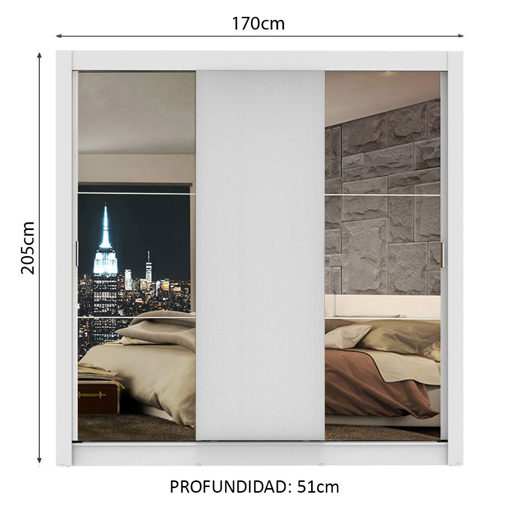 Placard Matrimonial Lyon 3 Puertas Corredizas con Espejos 2 Cajones Blanco