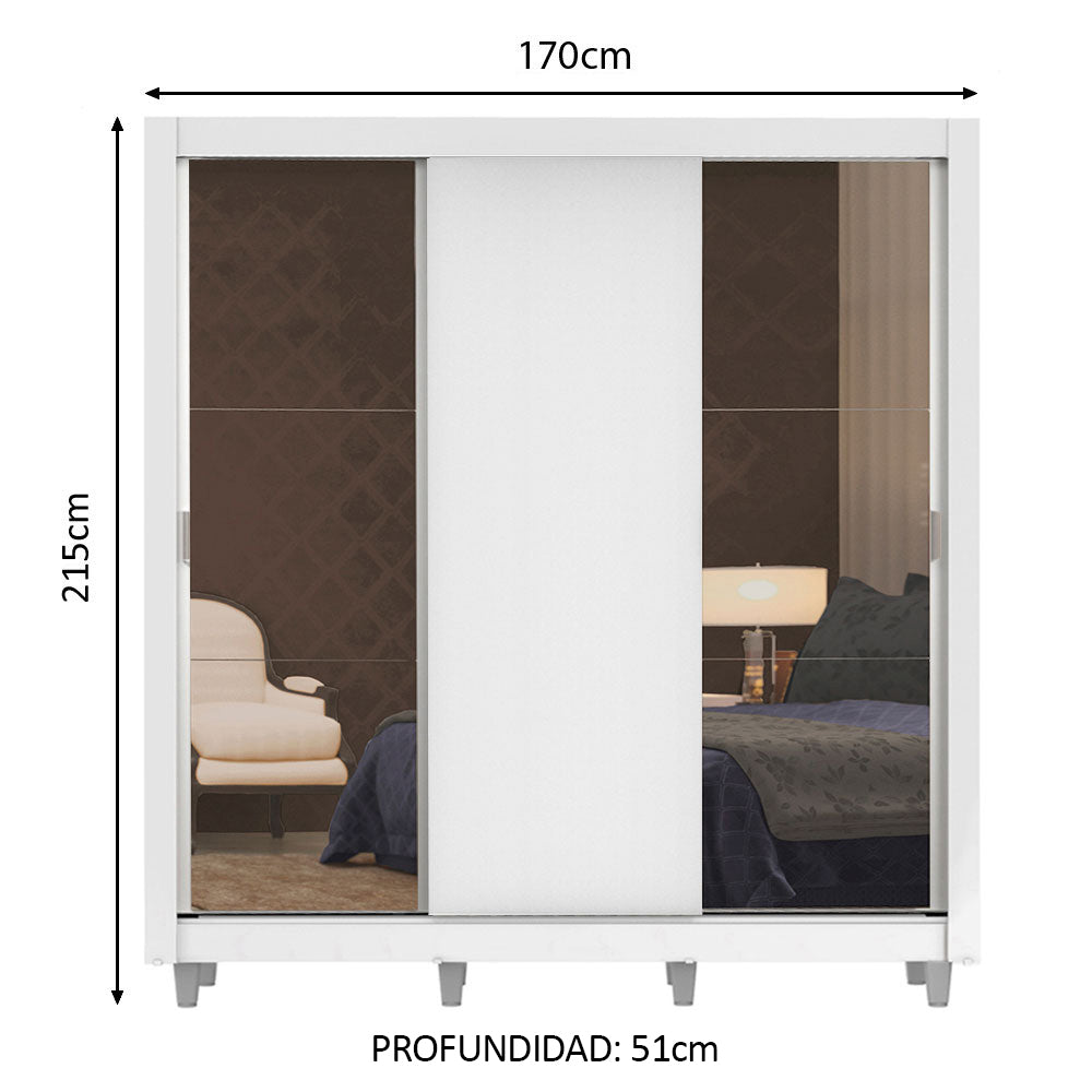 Placard Matrimonial Lyon 3 Puertas Corredizas con Espejos 2 Cajones con Patas Blanco