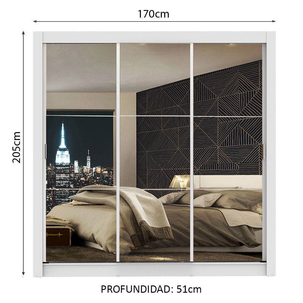 Placard Matrimonial Monaco 3 Puertas Corredizas con Espejo - Blanco