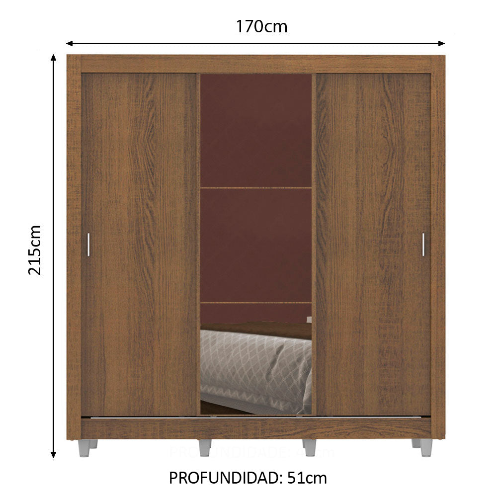 Placard Matrimonial Lyon 3 Puertas Corredizas con Espejo 2 Cajones con Patas Marrón
