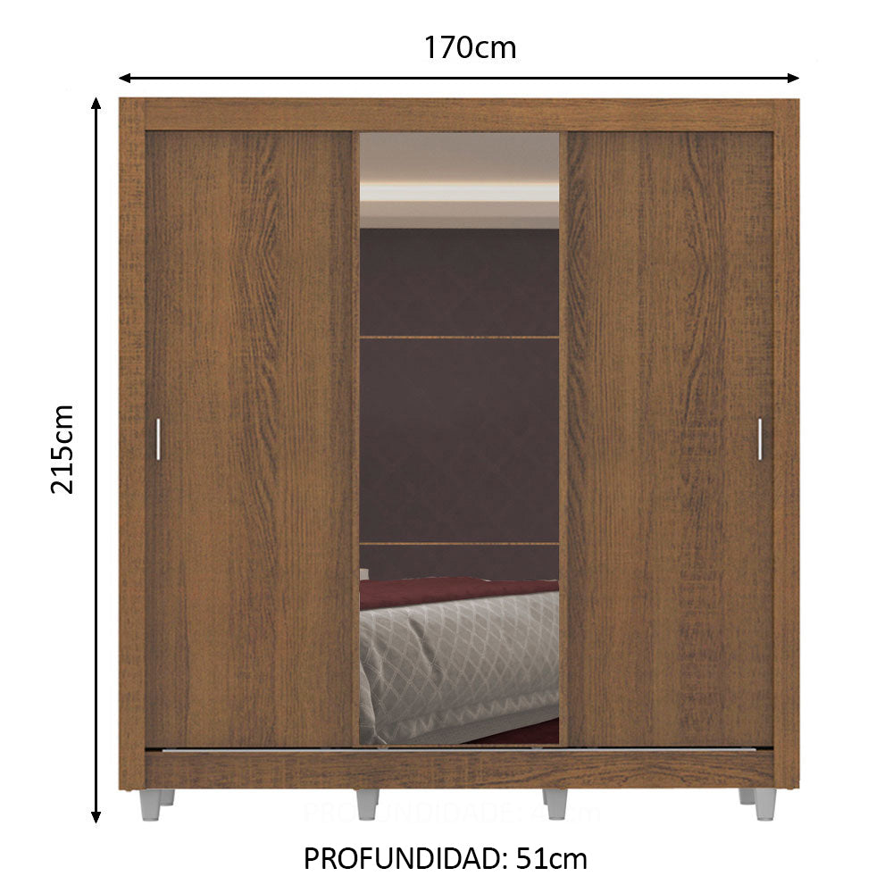 Placard Matrimonial Lyon Plus 3 Puertas Corredizas con Espejo 4 Cajones con Patas Marrón