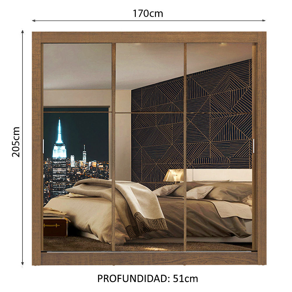 Placard Matrimonial Monaco 3 Puertas Corredizas con Espejo - Marrón