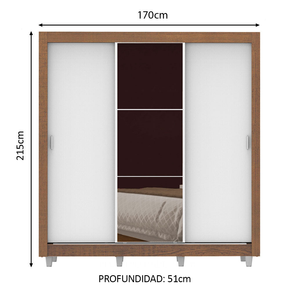 Placard Matrimonial Lyon 170 cm 3 Puertas Corredizas con 1 Espejo 2 Cajones con Patas Marrón/Blanco Madesa