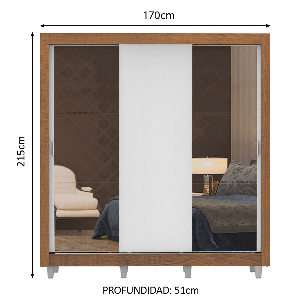 Placard Matrimonial Lyon 170 cm 3 Puertas Corredizas con 2 Espejos 2 Cajones con Patas Marrón/Blanco Madesa