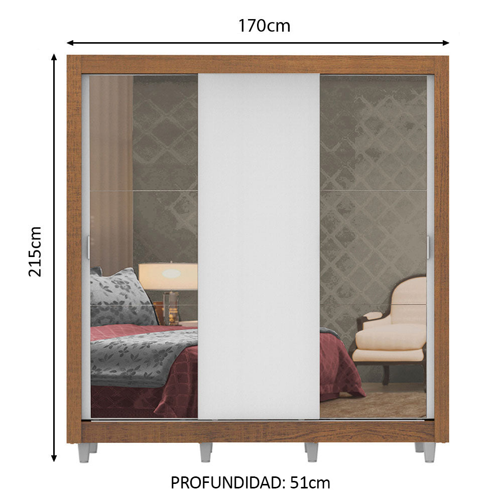 Placard Matrimonial Lyon Plus 170 cm 3 Puertas Corredizas con 2 Espejos 4 Cajones con Patas Marrón/Blanco Madesa