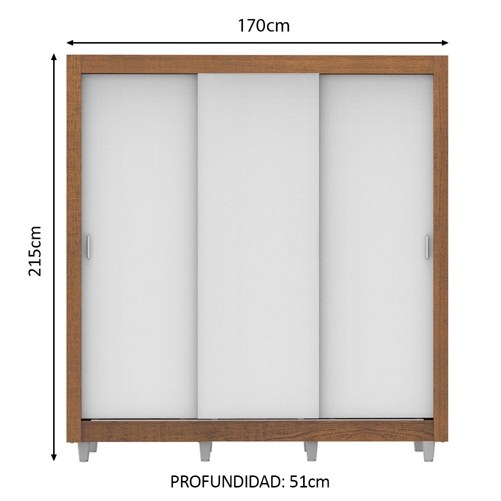 Placard Matrimonial Lyon 170 cm 3 Puertas Corredizas 2 Cajones con Patas Marrón/Blanco Madesa