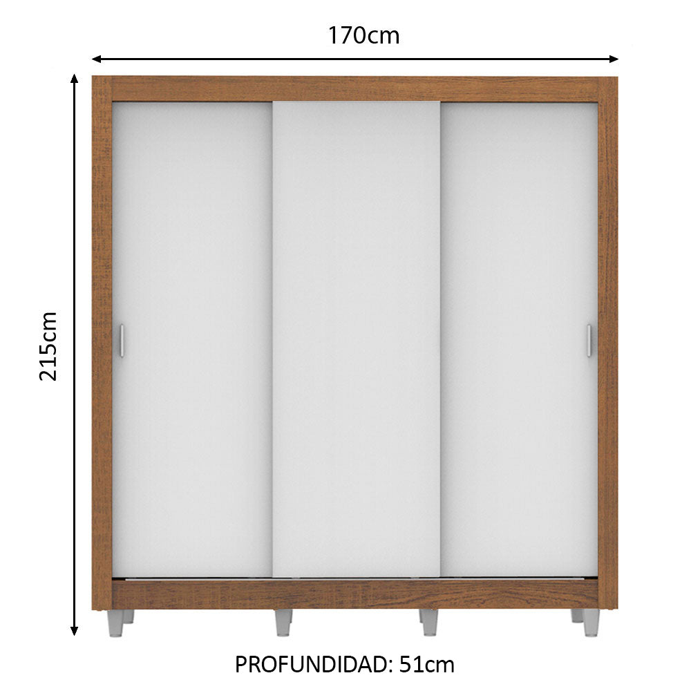 Placard Matrimonial Lyon Plus 170 cm 3 Puertas Corredizas 4 Cajones con Patas Marrón/Blanco Madesa