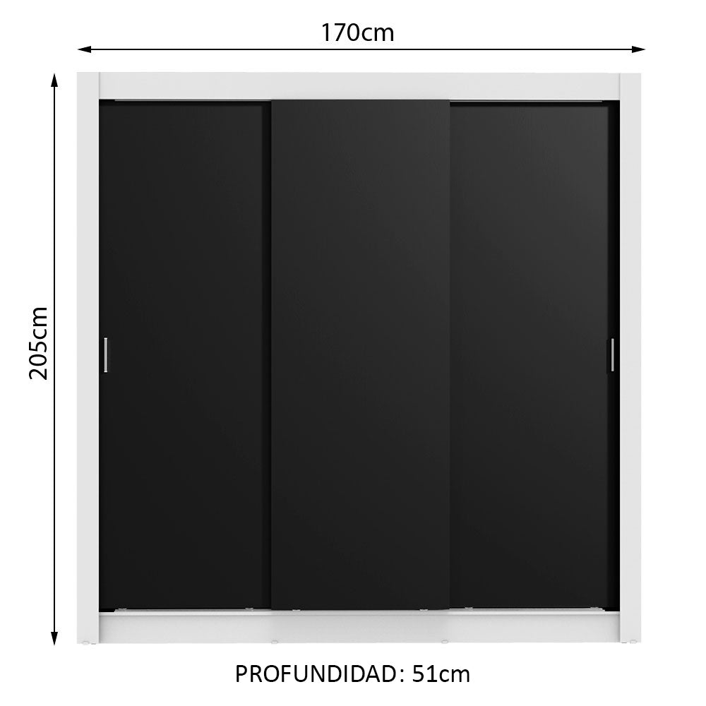 Placard Matrimonial 3 Puertas Corredizas Lyon 2 Cajones Blanco/Negro
