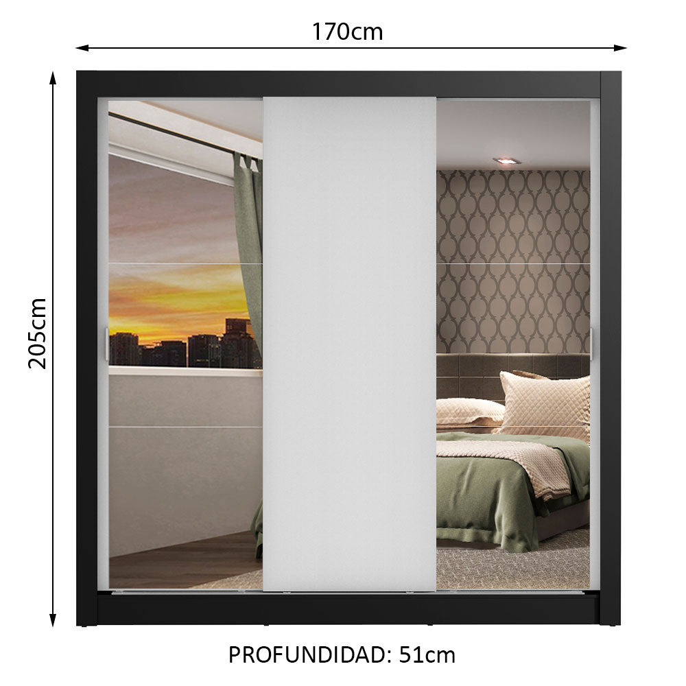 Placard Matrimonial Lyon 3 Puertas Corredizas con Espejos 2 Cajones Negro/Blanco