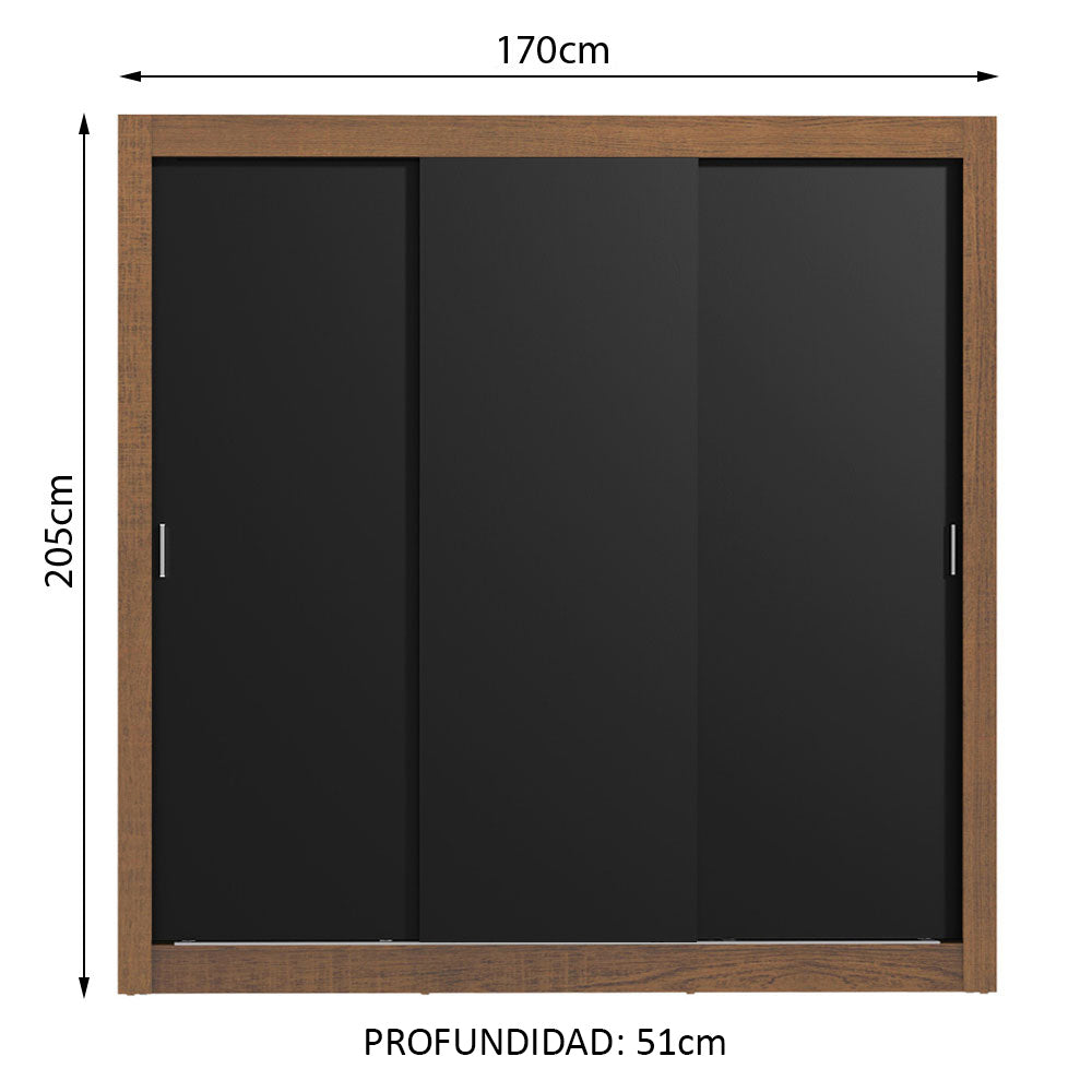 Placard Matrimonial Lyon 3 Puertas Corredizas 2 Cajones Marrón/Negro