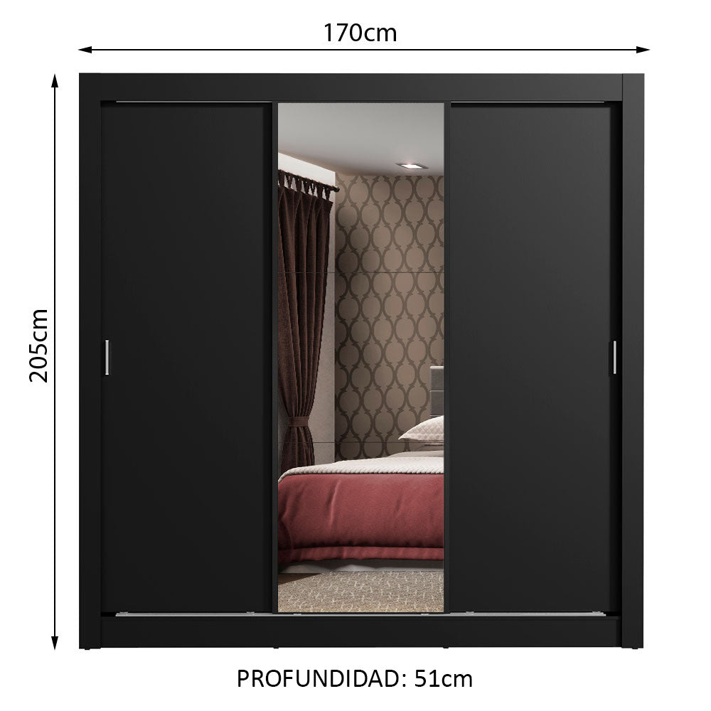 Placard Matrimonial Monaco 3 Puertas Corredizas 1 con Espejo Negro