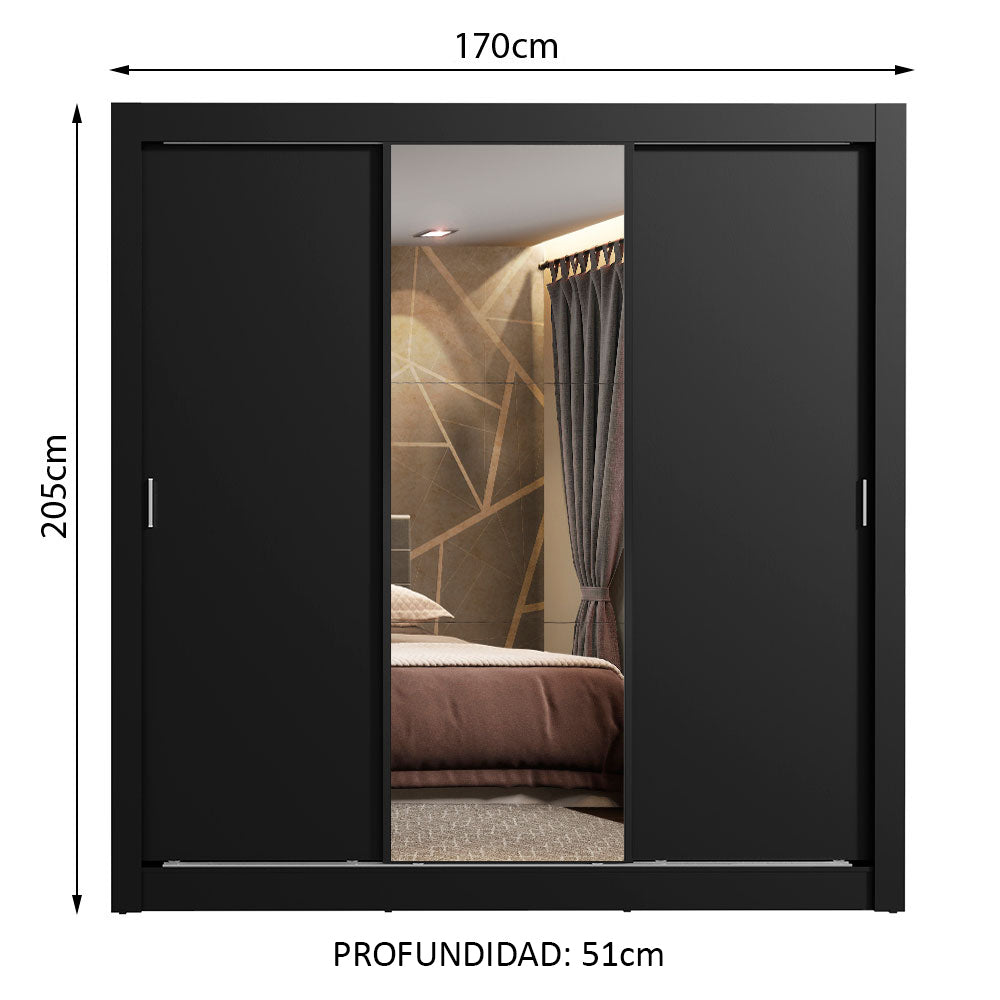Placard Matrimonial Lyon 3 Puertas Corredizas con Espejo 2 Cajones Negro