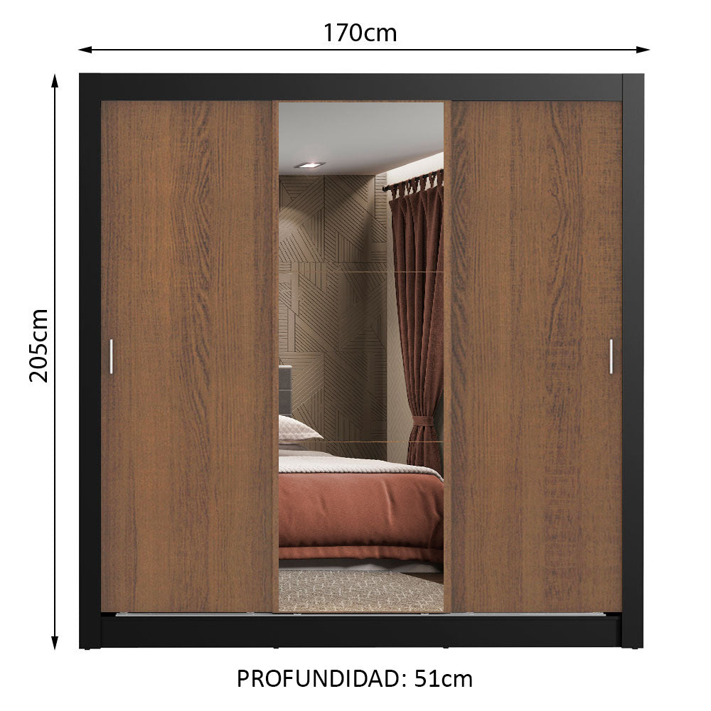Placard Matrimonial Lyon 3 Puertas Corredizas con Espejo 2 Cajones Negro/Marrón
