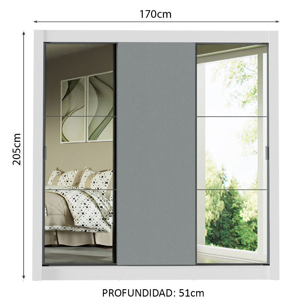 Placard Matrimonial 3 Puertas Corredizas con Espejo Blanco/Gris Monaco