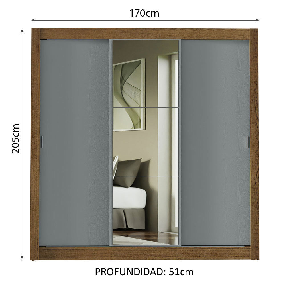Placard Matrimonial 3 Puertas Corredizas con Espejo Marrón/Gris Monaco