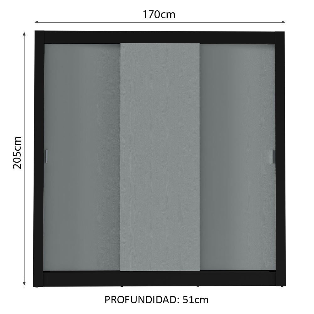 Placard Matrimonial 3 Puertas Corredizas Negro/Gris Monaco