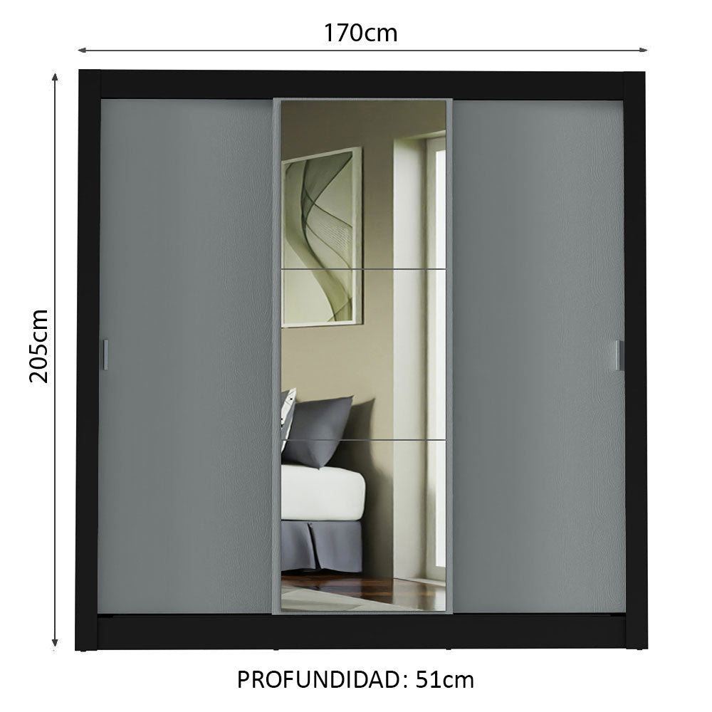 Placard Matrimonial 3 Puertas Corredizas con Espejo Negro/Gris Monaco