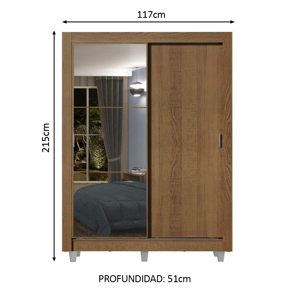 Placard Soltero 2 Puertas Corredizas con Espejo 2 Cajones con Patas Marrón Dallas
