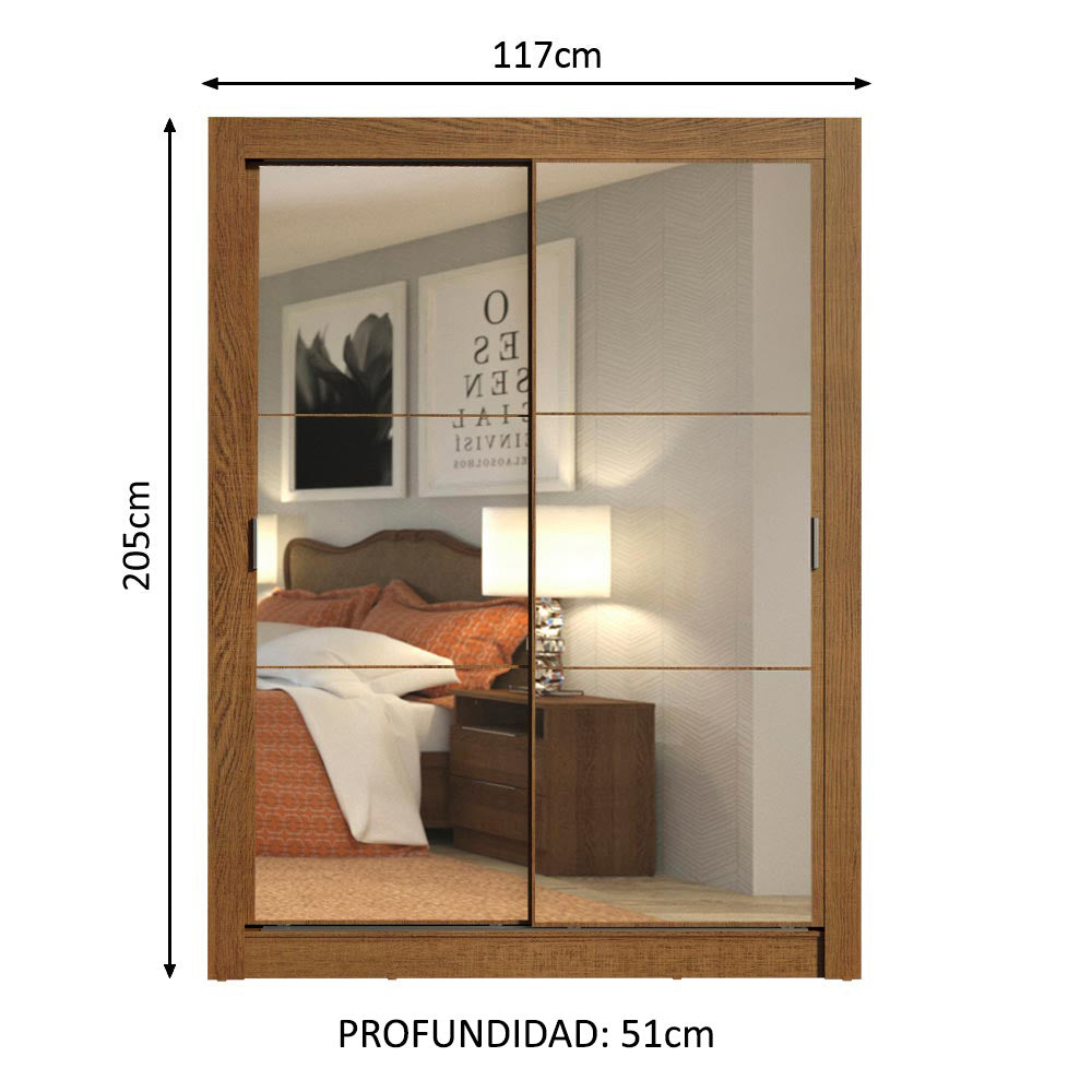Placard Soltero 2 Puertas Corredizas con Espejo 2 Cajones Marrón Dallas