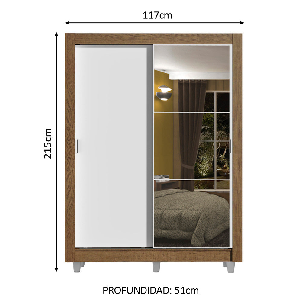 Placard Soltero 2 Puertas Corredizas con Espejo 4 Cajones con Patas Marrón/Blanco Dallas Plus