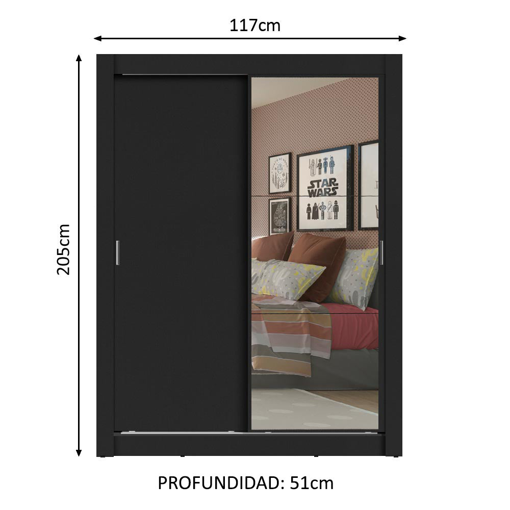 Placard Soltero Denver 2 Puertas Corredizas con Espejo Negro