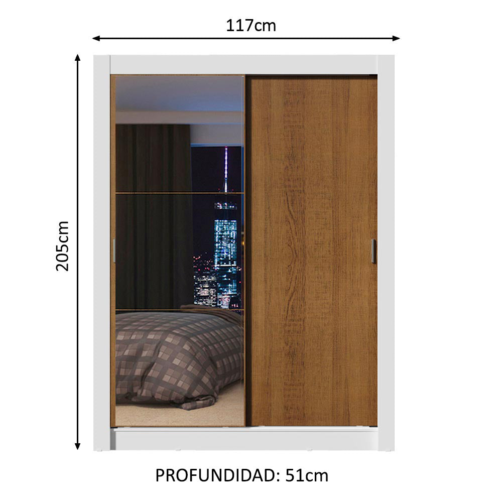 Placard Soltero 2 Puertas Corredizas con Espejo Blanco/Marrón Denver