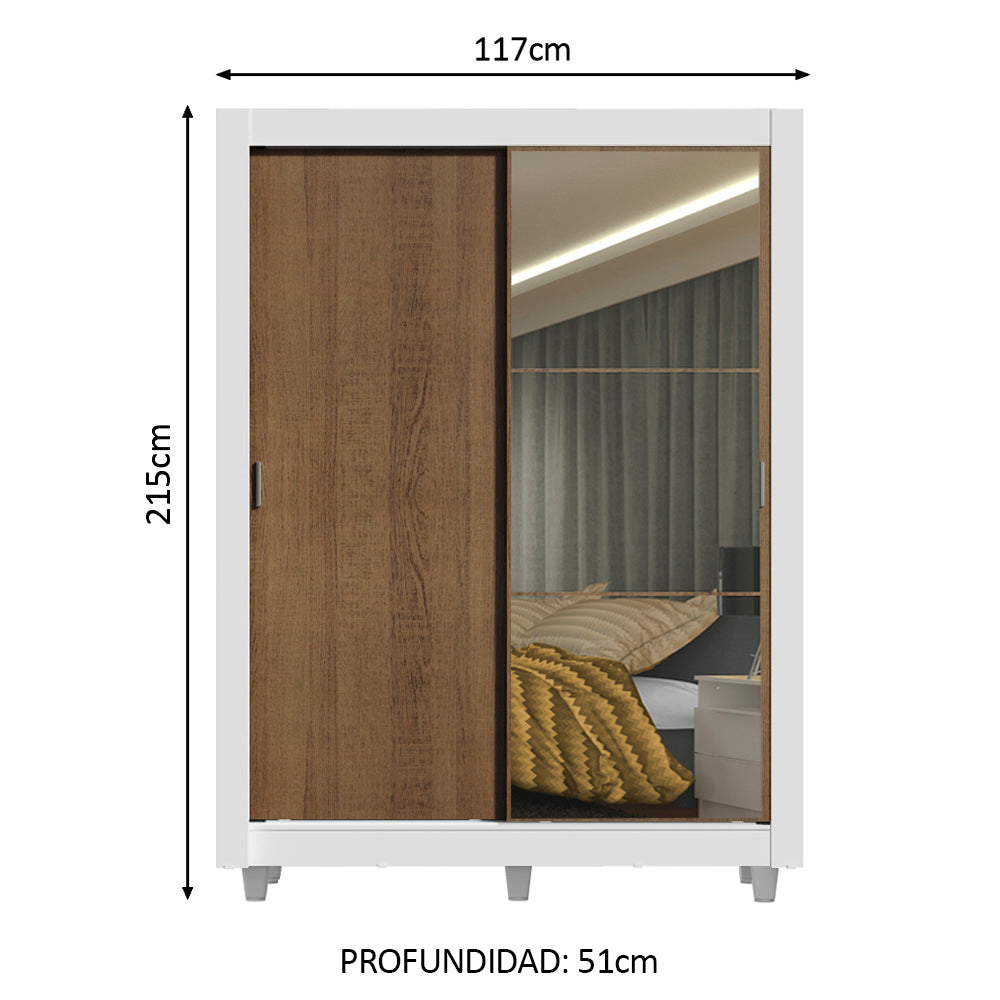Placard Soltero Denver 2 Puertas Corredizas Espejo con Patas Blanco/Marrón
