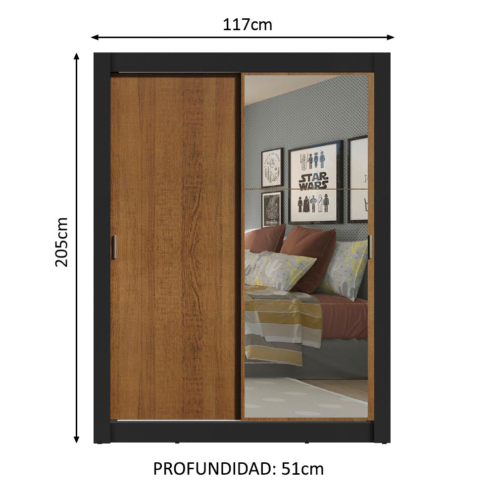 Placard Soltero 2 Puertas Corredizas con Espejo Negro/Marrón Denver
