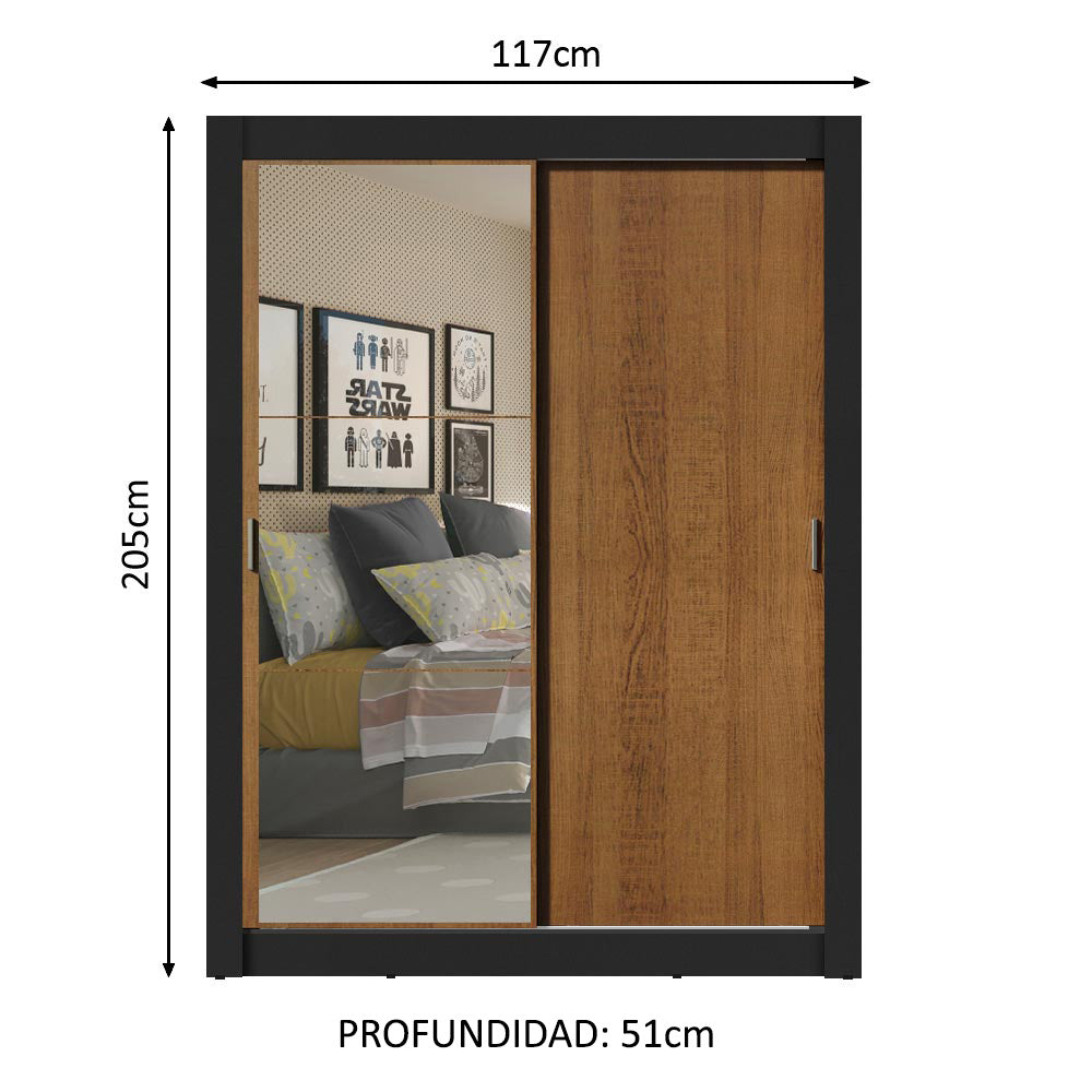 Placard Soltero 2 Puertas Corredizas con Espejo 4 Cajones Negro/Marrón Dallas Plus