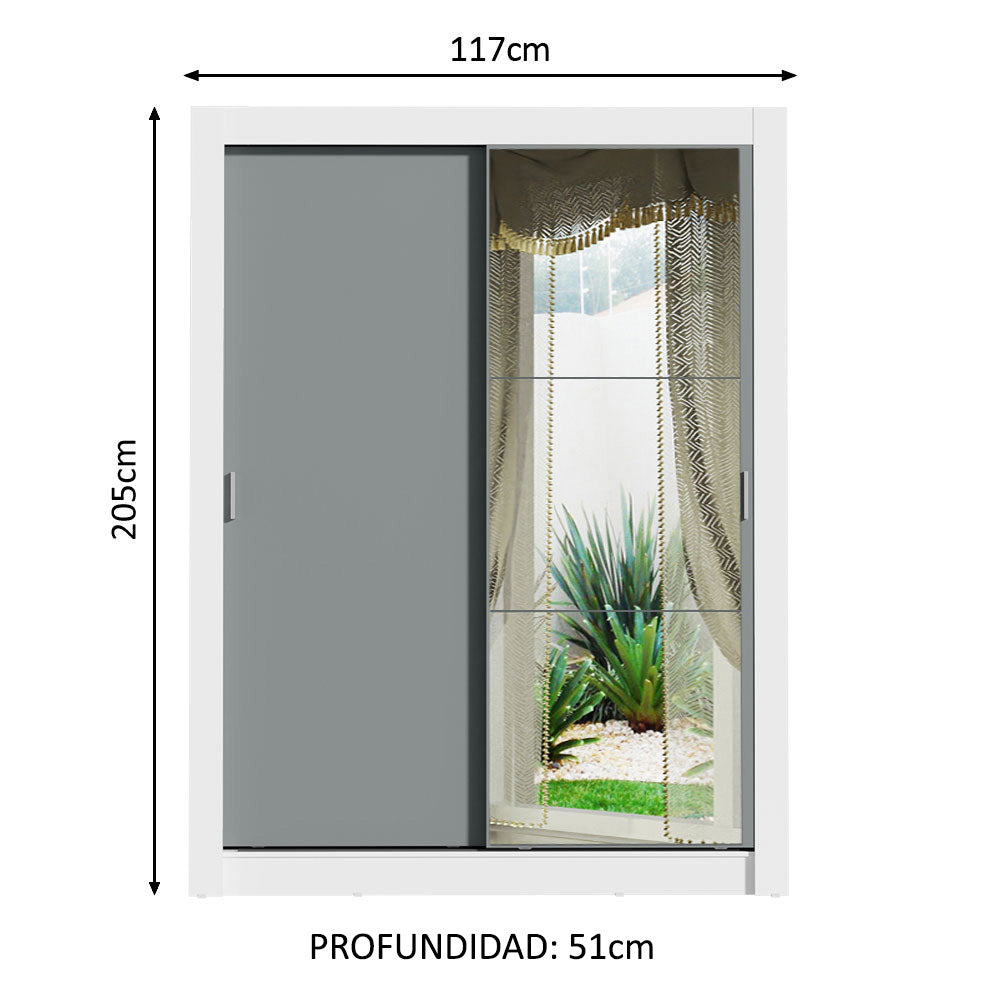 Placard Ropero Solteiro Madesa Denver 2 Puertas Corredizas con Espejo Blanco/Gris