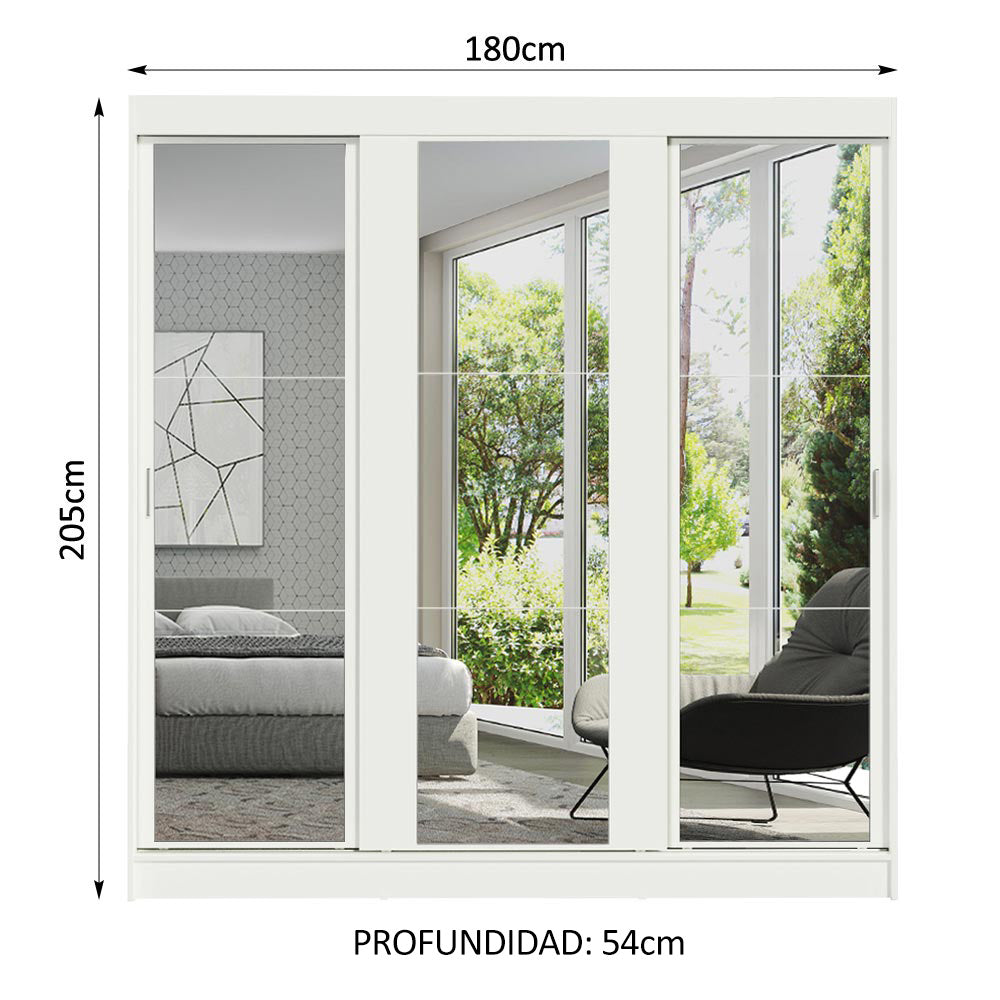 Placard Matrimonial Reno 3 Puertas Corredera con Espejo - Blanco