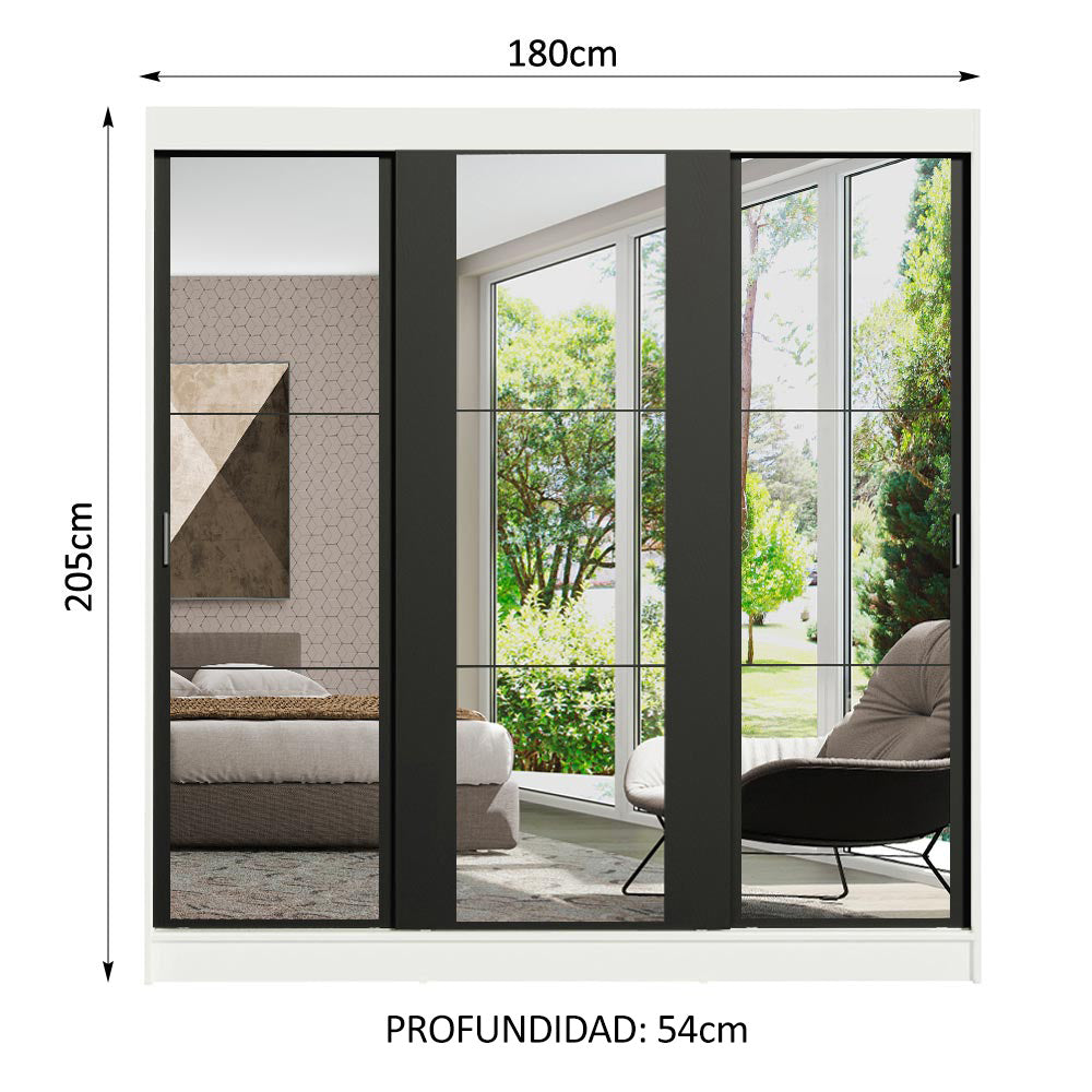 Placard Matrimonial Reno con 3 Puertas Corredizas de Espejo Blanco/Negro