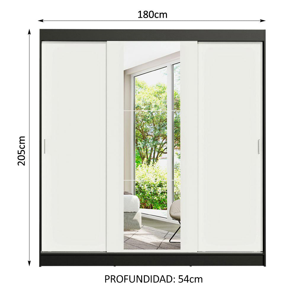 Placard Matrimonial Reno 3 Puertas Corredizas con Espejo Negro/Blanco