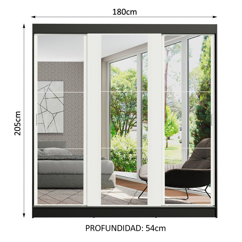 Placard Matrimonial Reno con 3 Puertas Corredizas de Espejo Negro/Blanco