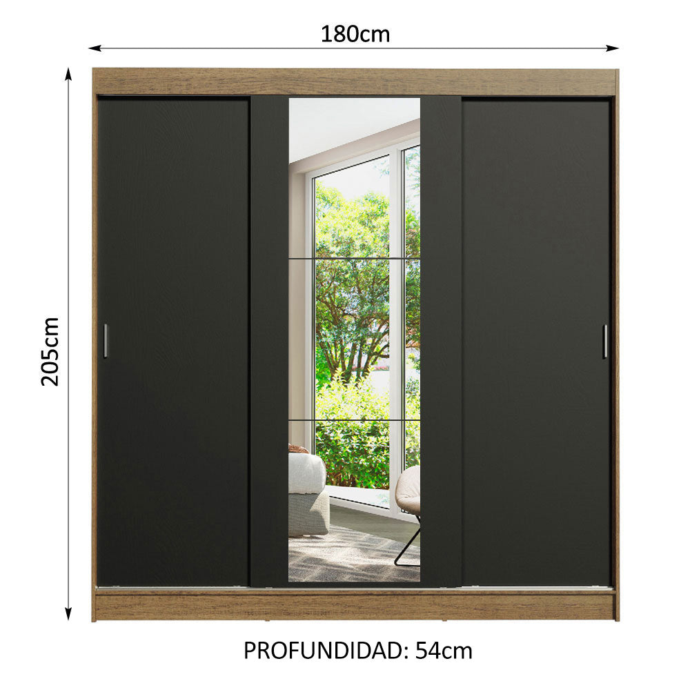 Placard Matrimonial Reno 3 Puertas Corredizas con Espejo Marrón/Negro