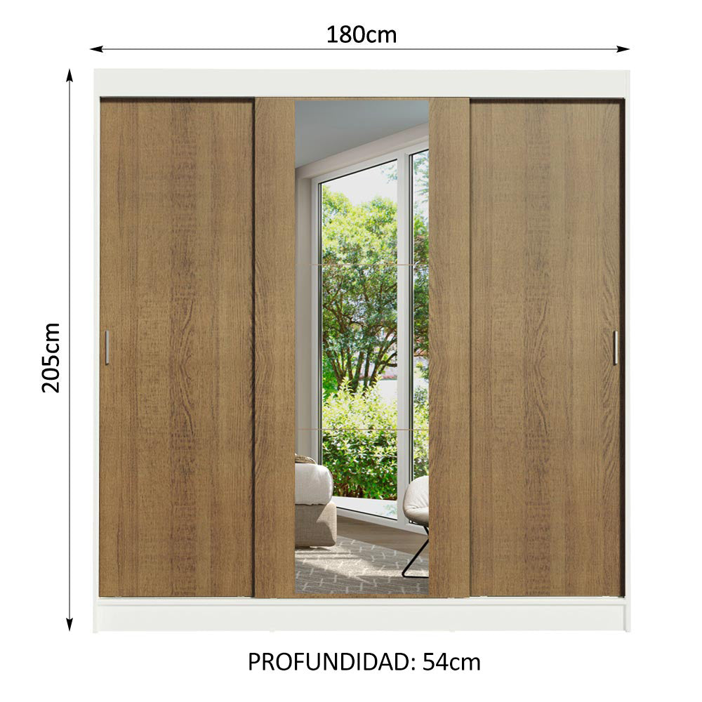 Placard Matrimonial Reno 3 Puertas Corredizas 1 Con Espejo - Blanco/Marrón