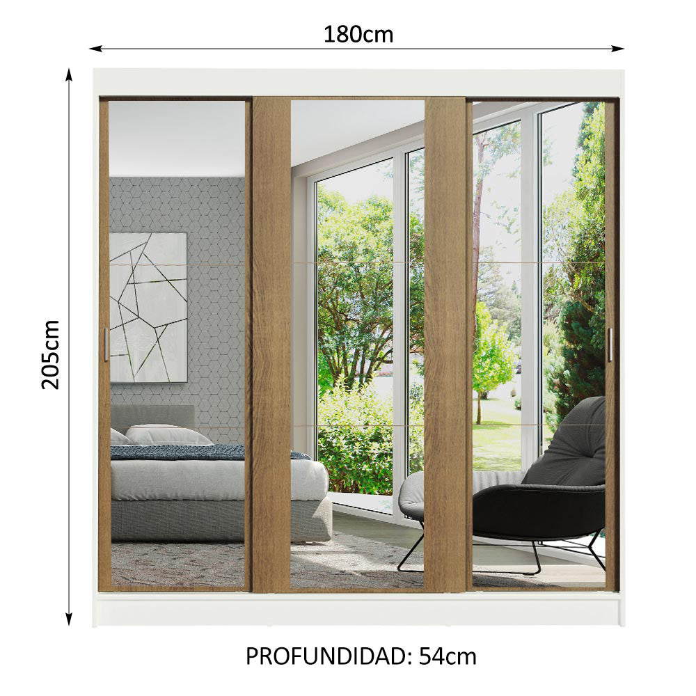 Placard Matrimonial Reno 3 Puertas Corredizas Con Espejo - Blanco/Marrón