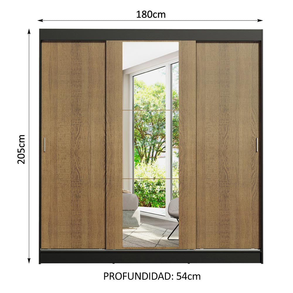 Placard Matrimonial Reno 3 Puertas Corredizas con Espejo Negro/Marrón