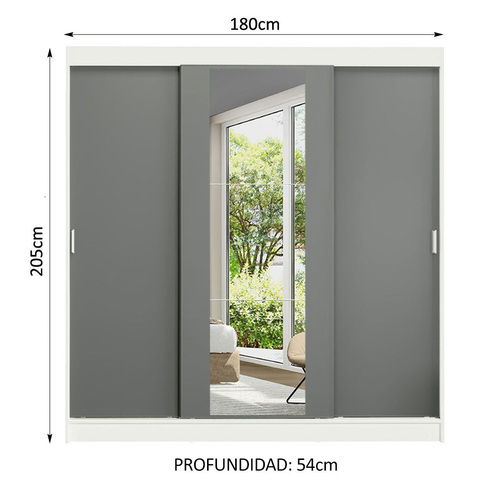 Placard Ropero Matrimonial Madesa Reno 3 Puertas Corredizas con Espejo Blanco/Gris