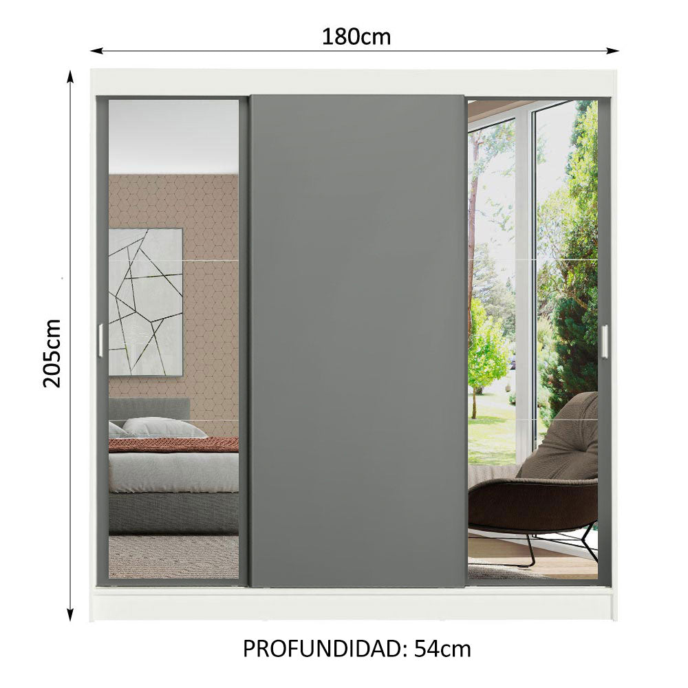 Placard Ropero Matrimonial Madesa Reno 3 Puertas Corredizas con Espejos Blanco/Gris