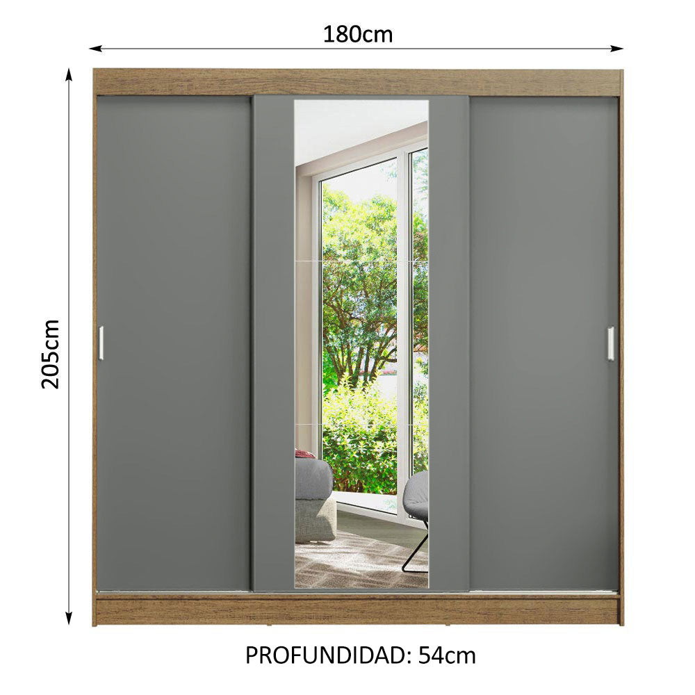 Placard Ropero Matrimonial Madesa Reno 3 Puertas Corredizas con Espejo Marrón/Gris