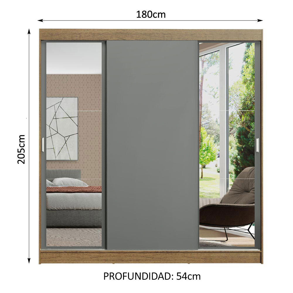 Placard Ropero Matrimonial Madesa Reno 3 Puertas Corredizas con Espejos Marrón/Gris