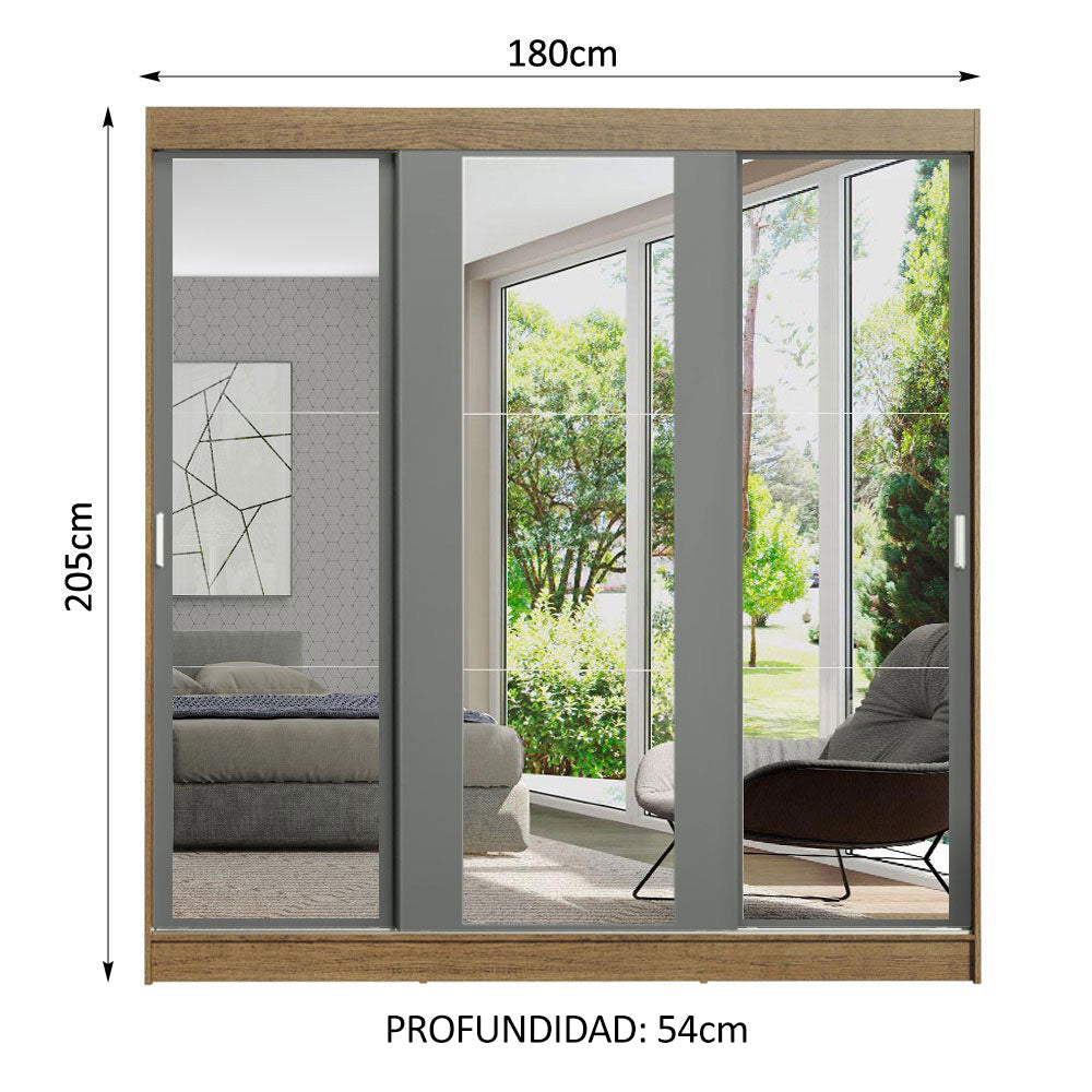 Placard Ropero Matrimonial Madesa Reno 3 Puertas Corredizas de Espejo Marrón/Gris