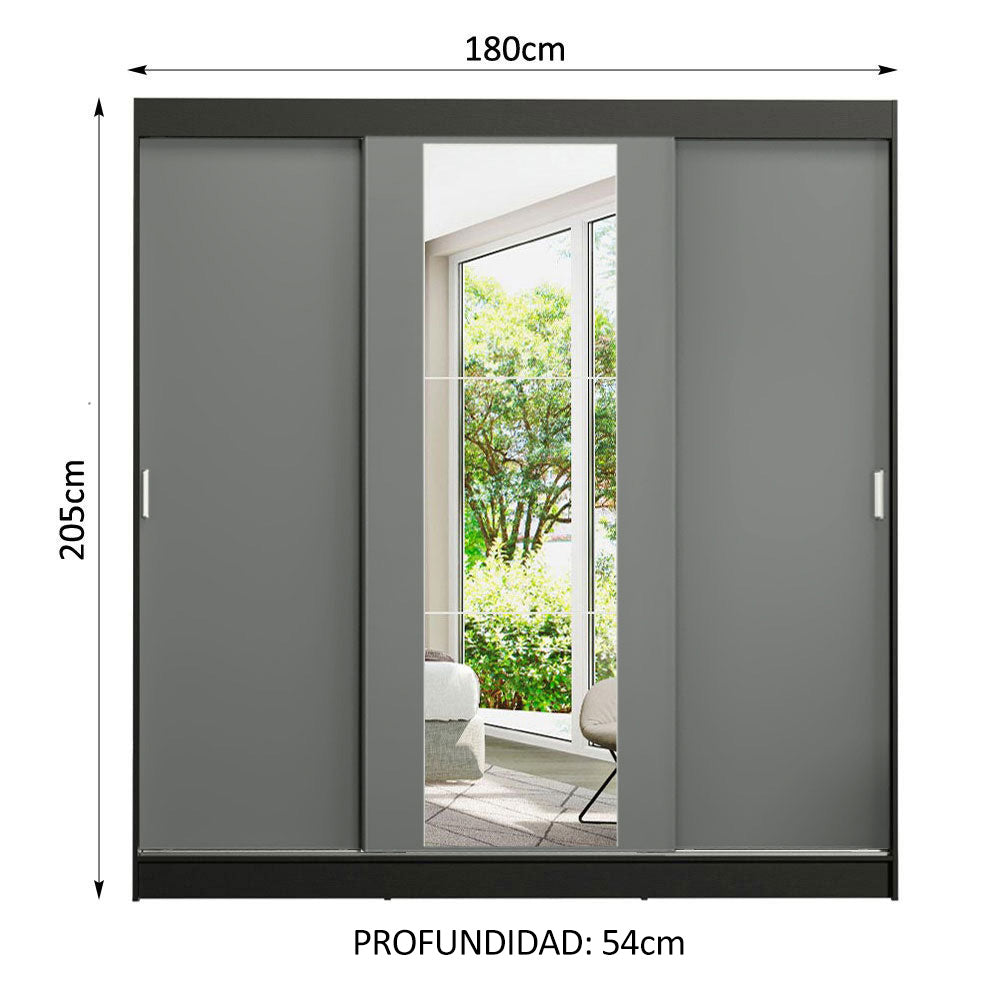 Placard Ropero Matrimonial Madesa Reno 3 Puertas Corredizas con Espejo Negro/Gris