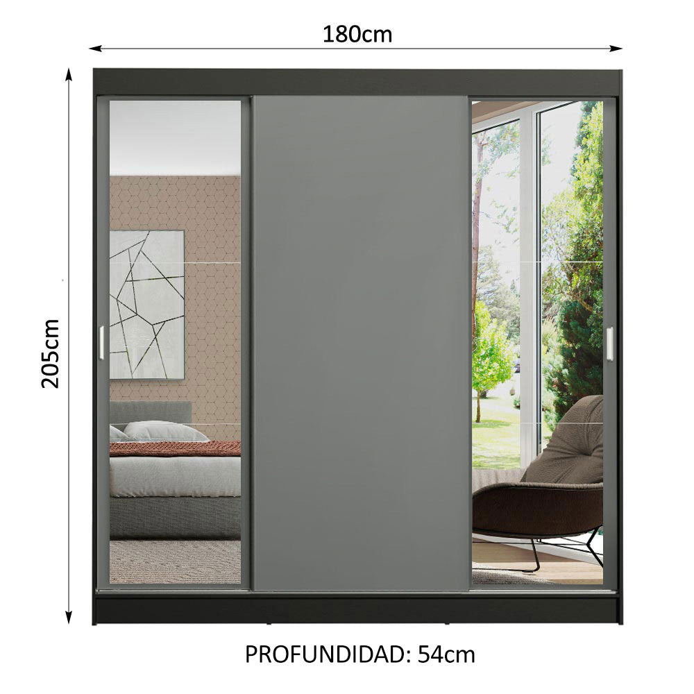 Placard Ropero Matrimonial Madesa Reno 3 Puertas Corredizas con Espejos Negro/Gris
