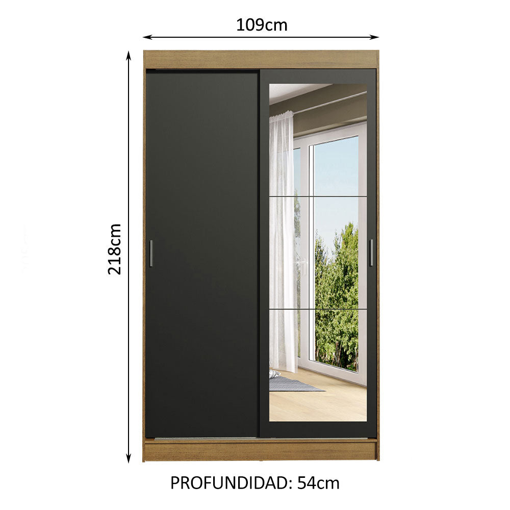 Placard Ropero Solteiro Madesa Tokio 2 Puertas Corredizas con Espejo 2 Cajones Marrón/Negro