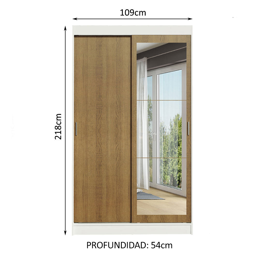 Placard Ropero Solteiro Madesa Tokio 2 Puertas Corredizas con Espejo 2 Cajones Blanco/Marrón