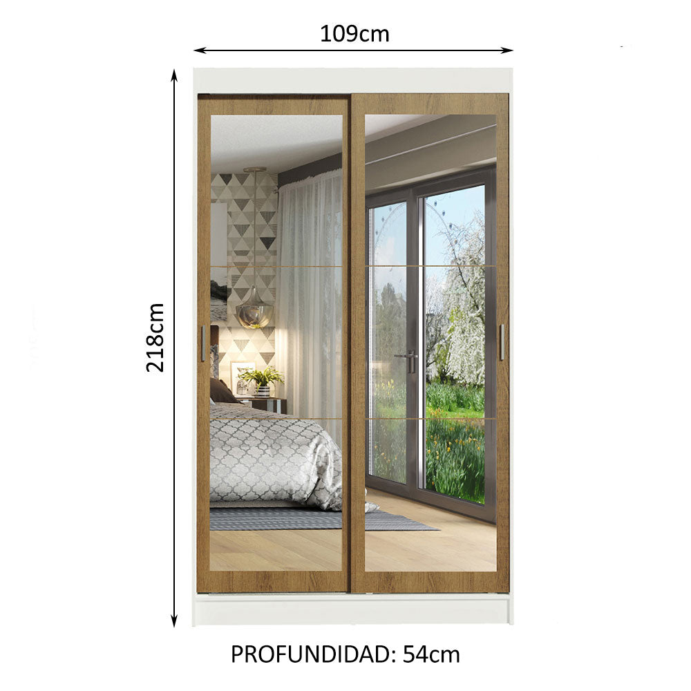 Placard Ropero Solteiro Madesa Tokio 2 Puertas Corredizas de Espejo 2 Cajones Blanco/Marrón