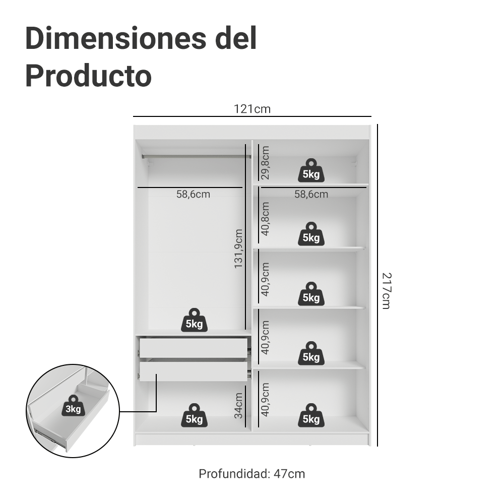 Placard Individual 4 Puertas Batientes con Espejos Blanco/Blanco/Marrón Venus Madesa