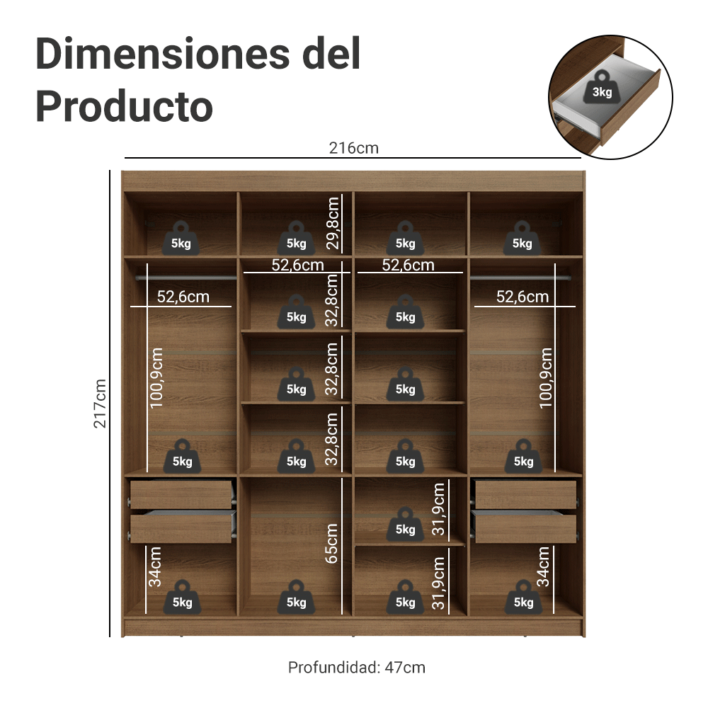 Clóset Matrimonial Venus 8 Puertas Batientes Marrón/Negro